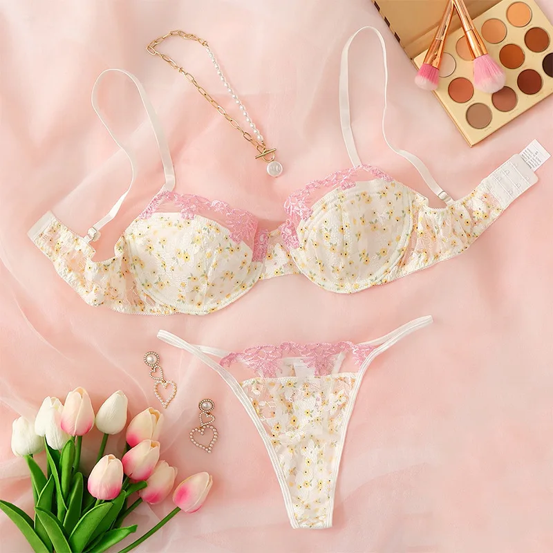 

Sexy Girls Bra Sets Lace Daisy Print Lingerie Romantic Fancy Underwear Sexy Woman Lingerie Push Up Intimate Bra and Panties Sets