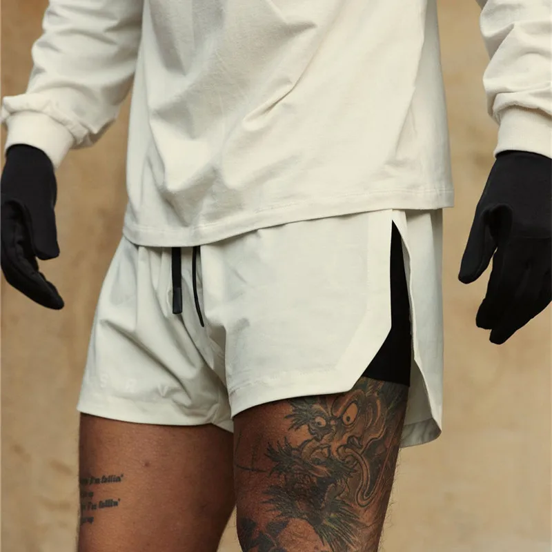 

Спортивные повседневные шорты с двойным разрезом для мужчин, двухслойные, свободного кроя, удобные, спортивные, для весны и лета