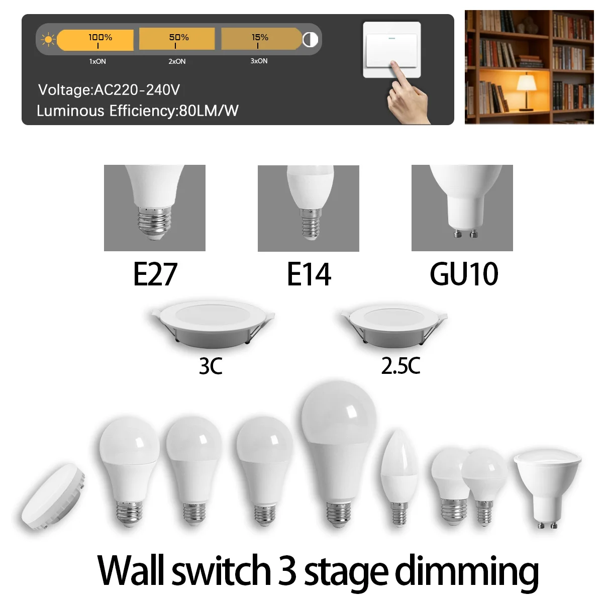 5PCS 3 Way LED Light Bulbs High Brightness Soft White Three Way Dimming Lamp E27 E14 GX53 GU10 Base Indoor Decorative LED Bulb