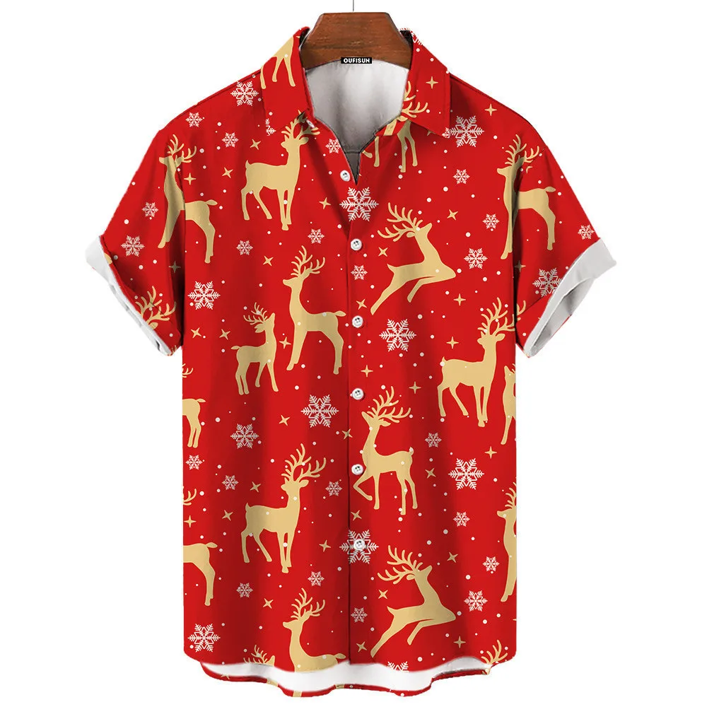 Christmas Party Mens Large Size Lapel Short Sleeve Shirt Casual Hip Hop Street Christmas Shirt T-Shirt Top