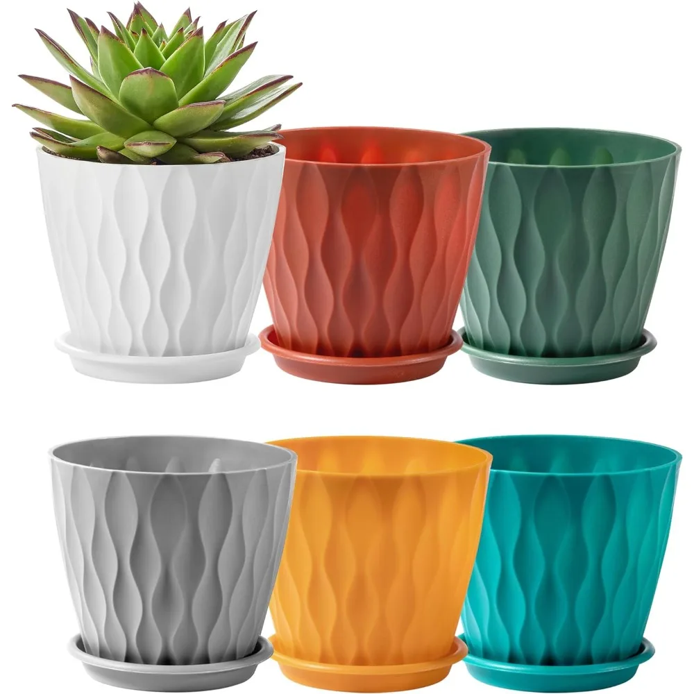 

6-Pack 6-Inch Plastic Plant Pots with Saucers | Thickened PP Material, Modern Wave Texture, Enhanced Drainage for Indoor/Outdoor Garden Plants | Multicolor Value Set
