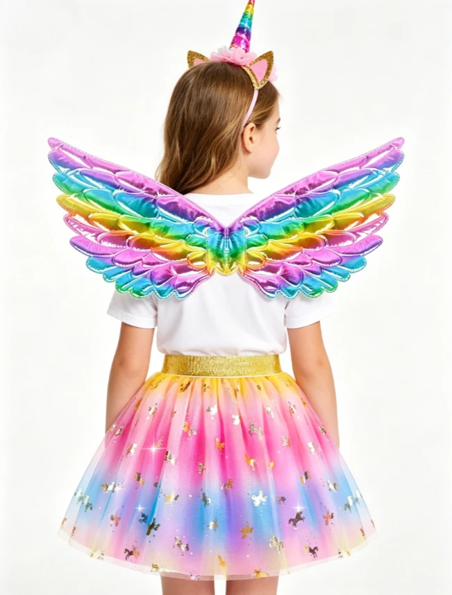 Unicorn Tutu Skirt Rainbow Princess Set With Angel Wings And Headband For Birthday Party Stage Performance Halloween Photo Prop