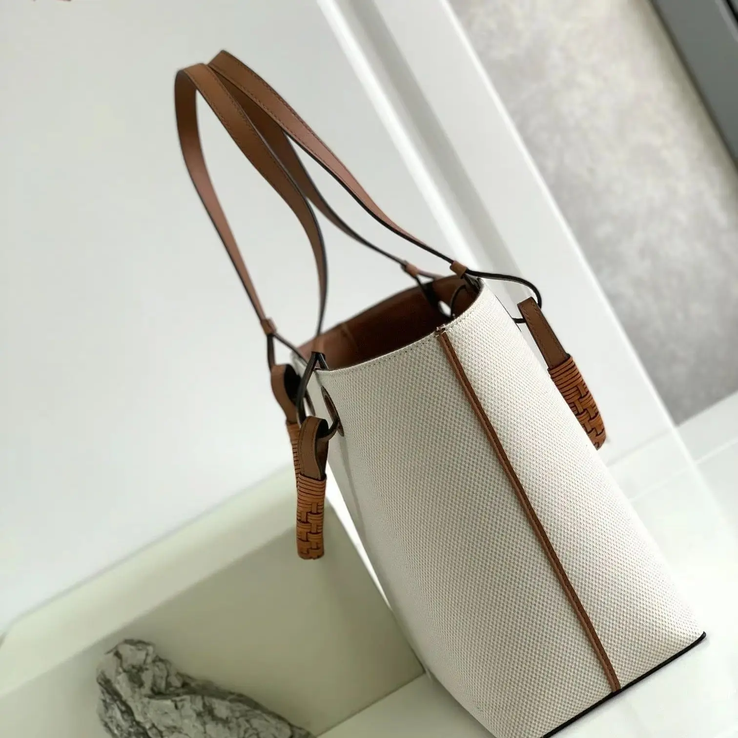 Off-white Canvas Vertical Tote Bag, Luxury Leather Trim Multi-Way Shoulder Handbag