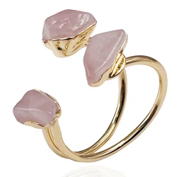 Three Stones Irregular Rose Quartz Open Ring for Women Girls Gold-color Boho Rough Pink Crystal Finger Jewelry Resizable