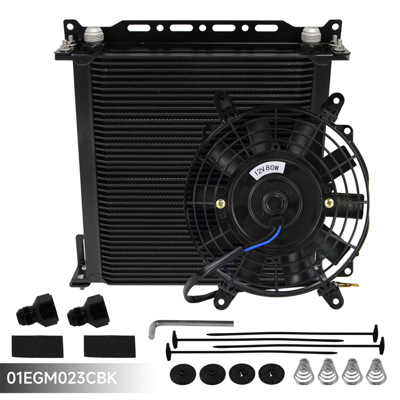 

Universal 40 Row AN10 Engine Oil Cooler w/ 2PCS AN10 To AN8 Fittings Mounting Bracket + 7" Electric Fan 12V 80W Black/Silver