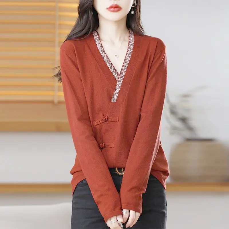 Autunno e inverno maglione allentato con scollo a V retrò con bottoni a Tand giacca da donna a maniche lunghe con scollo a V in stile cinese