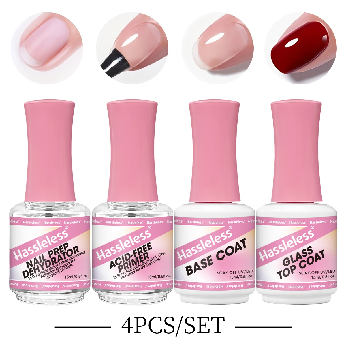 

Hassleless 4-Piece Set of Nail Function Gel Kit: Balancing Liquid + Bonding Agent + Base Gel + Tempered Sealant, Nail Pre-Treatment Dehydrator, High-Quality Quick-Drying Gel Adhesive Set (Includes Acid-Free Base Oil), Professional-Grade Tempered Sealant, 