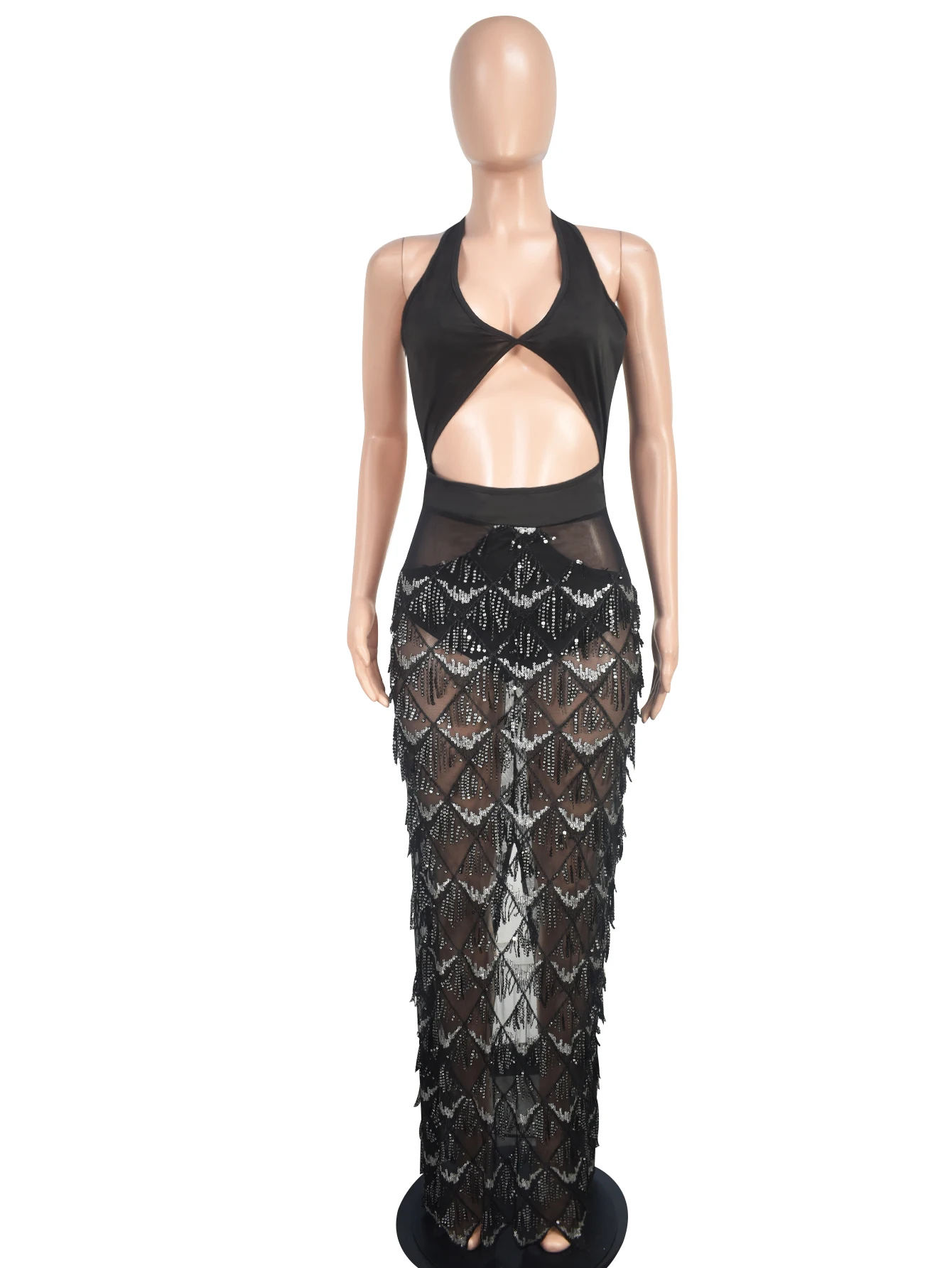 Ladies' fashionable hanging neck dress with mesh, see through band, sequins, sexy sleeveless dress, elegant women's clothing