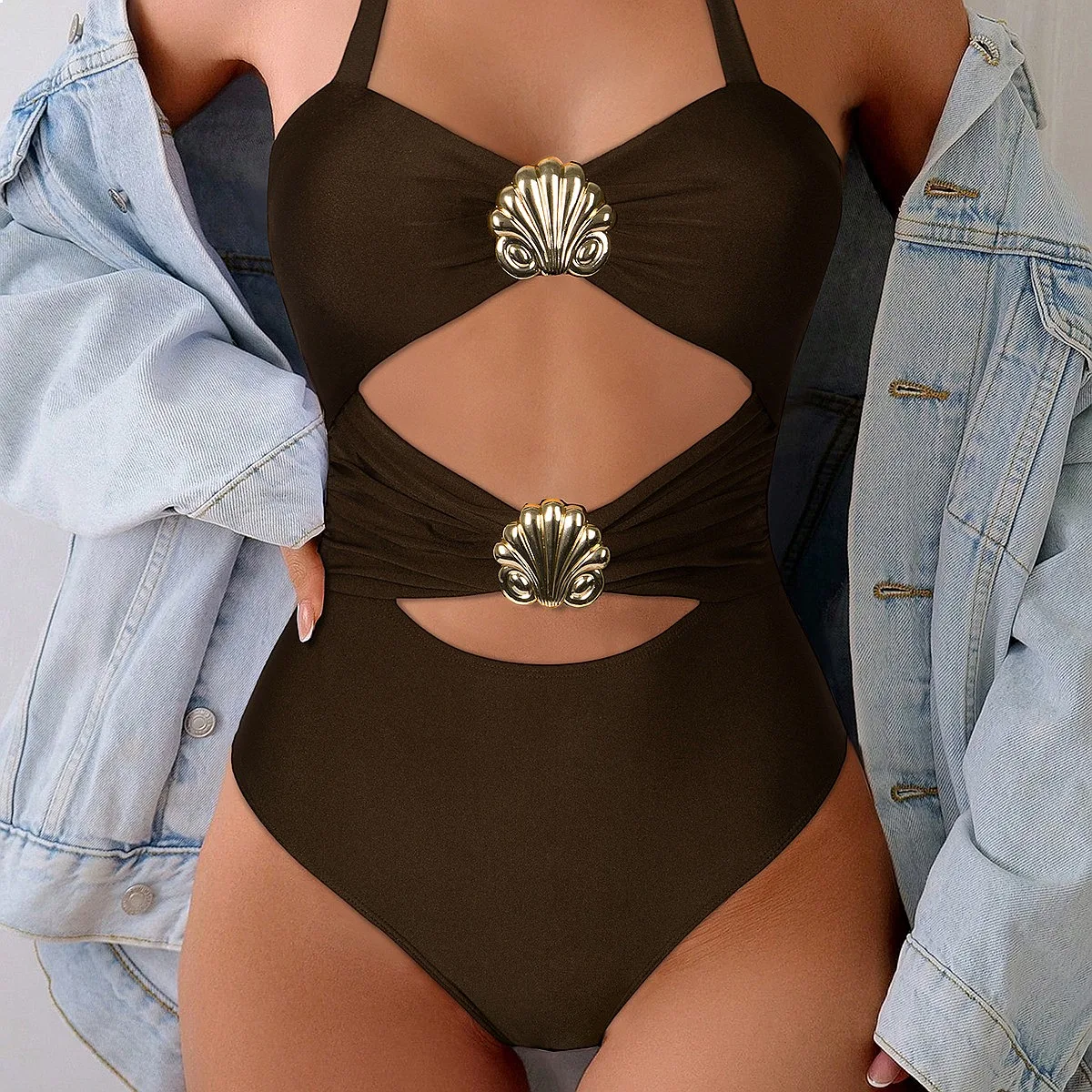 

2026 New Solid Color Metal Buckle Cross Back One Piece Swimsuit Stylish Bathing Suit for Women Summer Beach Pool Holiday Wear