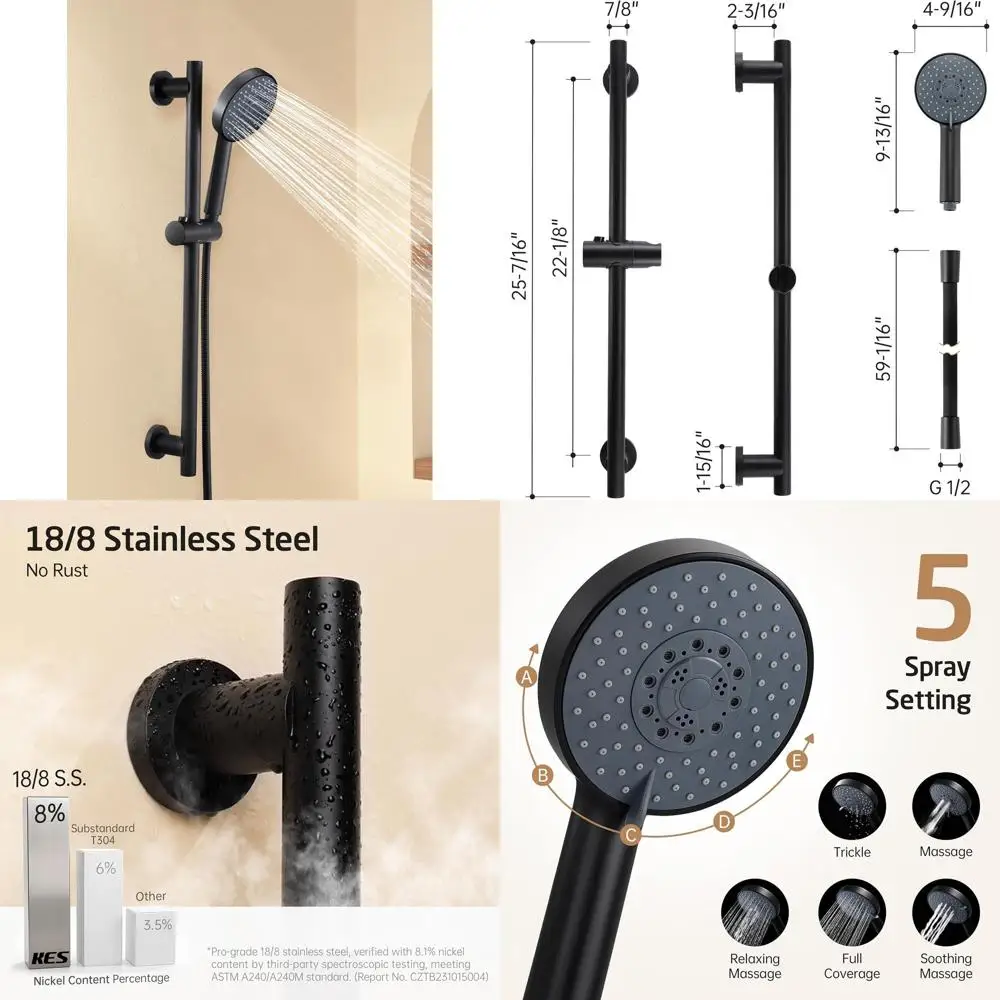 

Matte Black 5-Function Handheld Shower Head with Slide Bar and Hose Combo, F204-BK-C1