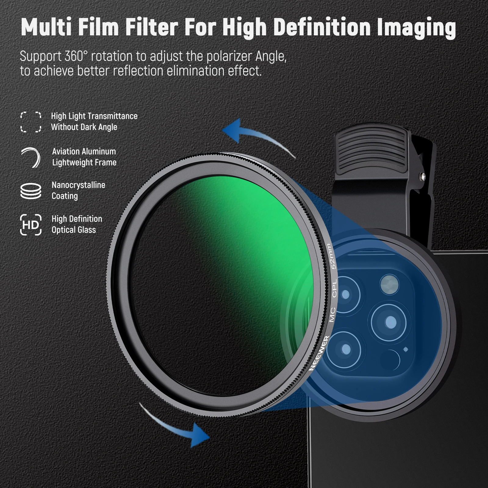 NEEWER 52mm Filtr CPL do telefonu, okrągły filtr polaryzacyjny z klipsem do aparatu iPhone Samsung Android — zdjęcie produktu 4