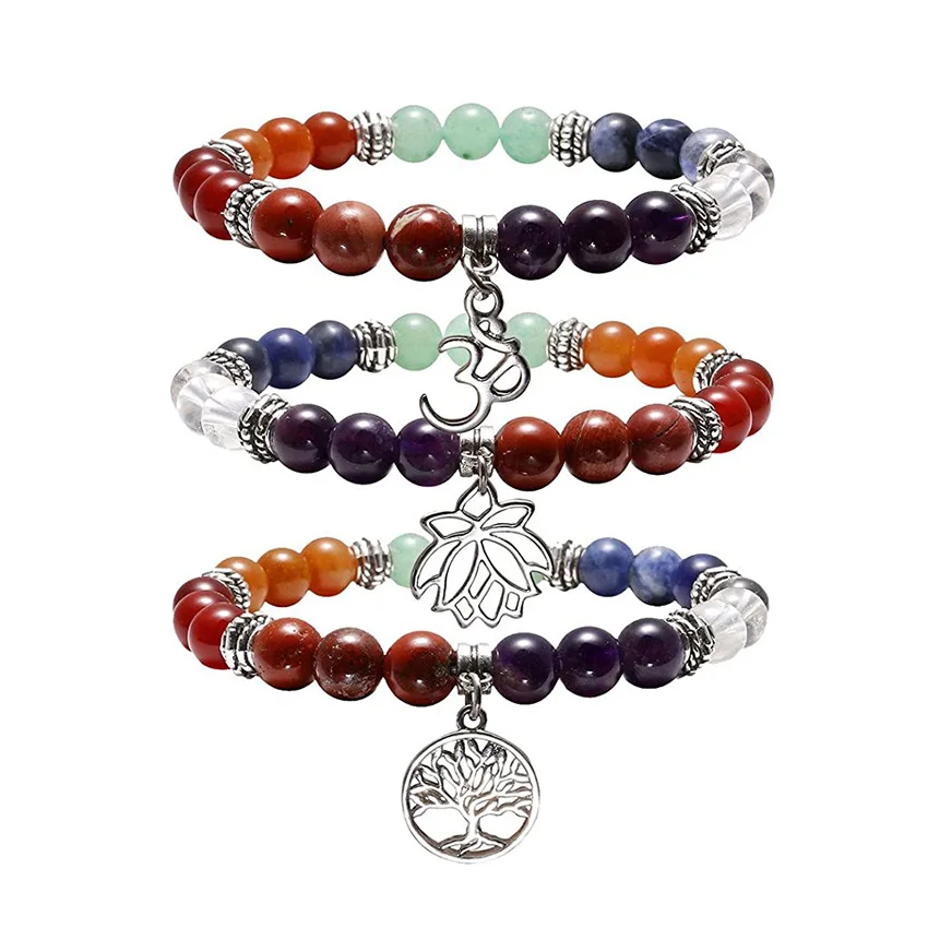 KFT Natural 7 Chakra Healing Crystal Quartz Stretch Round Stone Beads Bracelet Yoga Balancing Meditation Tree of Life Lotus