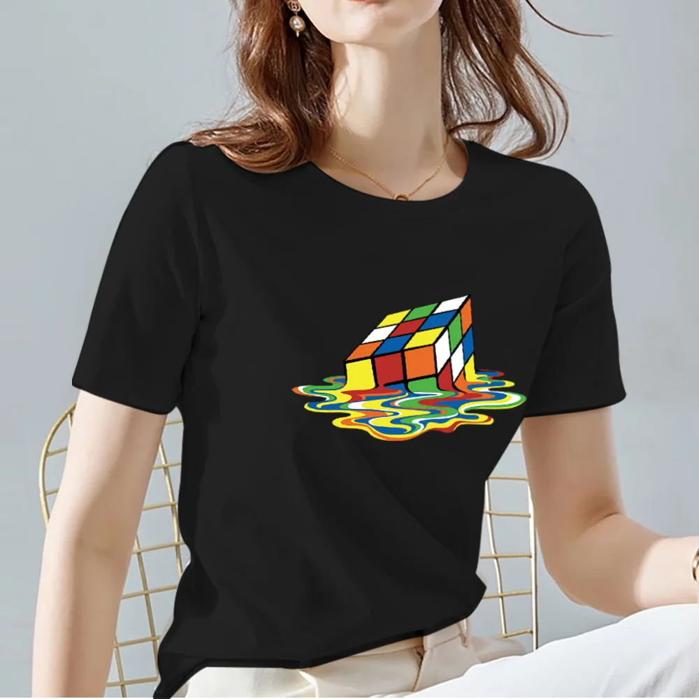 Classic Black Women T-Shirt Commuter Casual Top Trend 3D Rubik's Cube Pattern Top Crew Neck Ladies Slim Short Sleeve Clothing