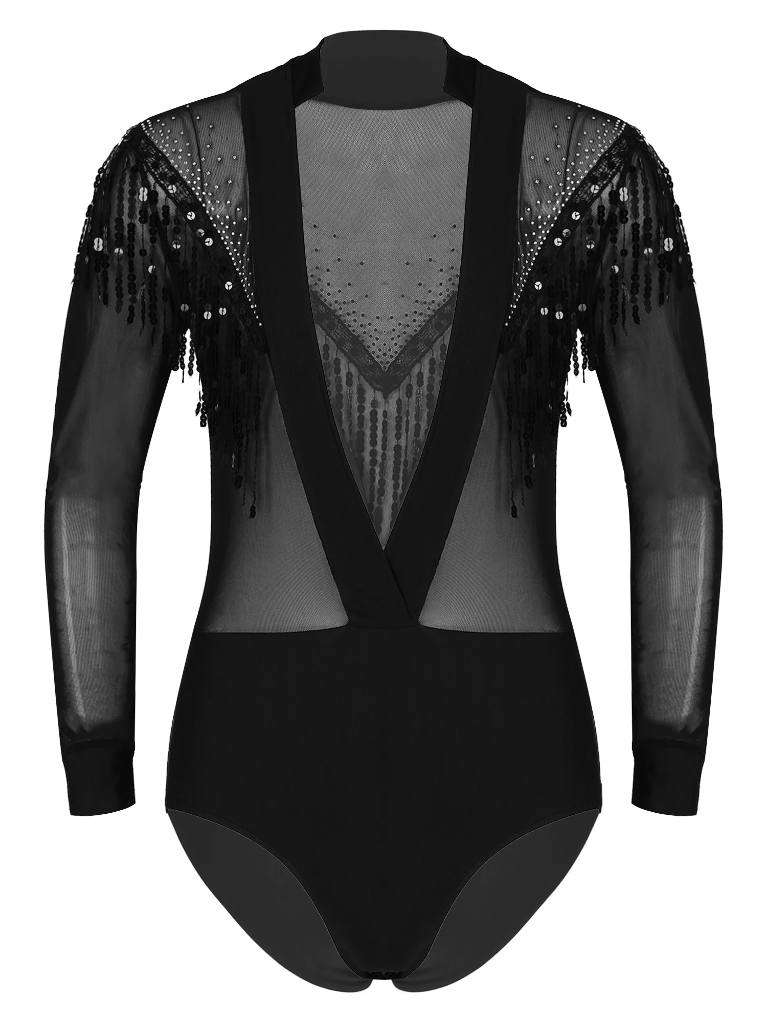 Mens Deep V Sheer Mesh Bodysuit Ballroom Latin Dance Performance Costume Shiny Rhinestone Sequin Tassel Leotard Dancewear