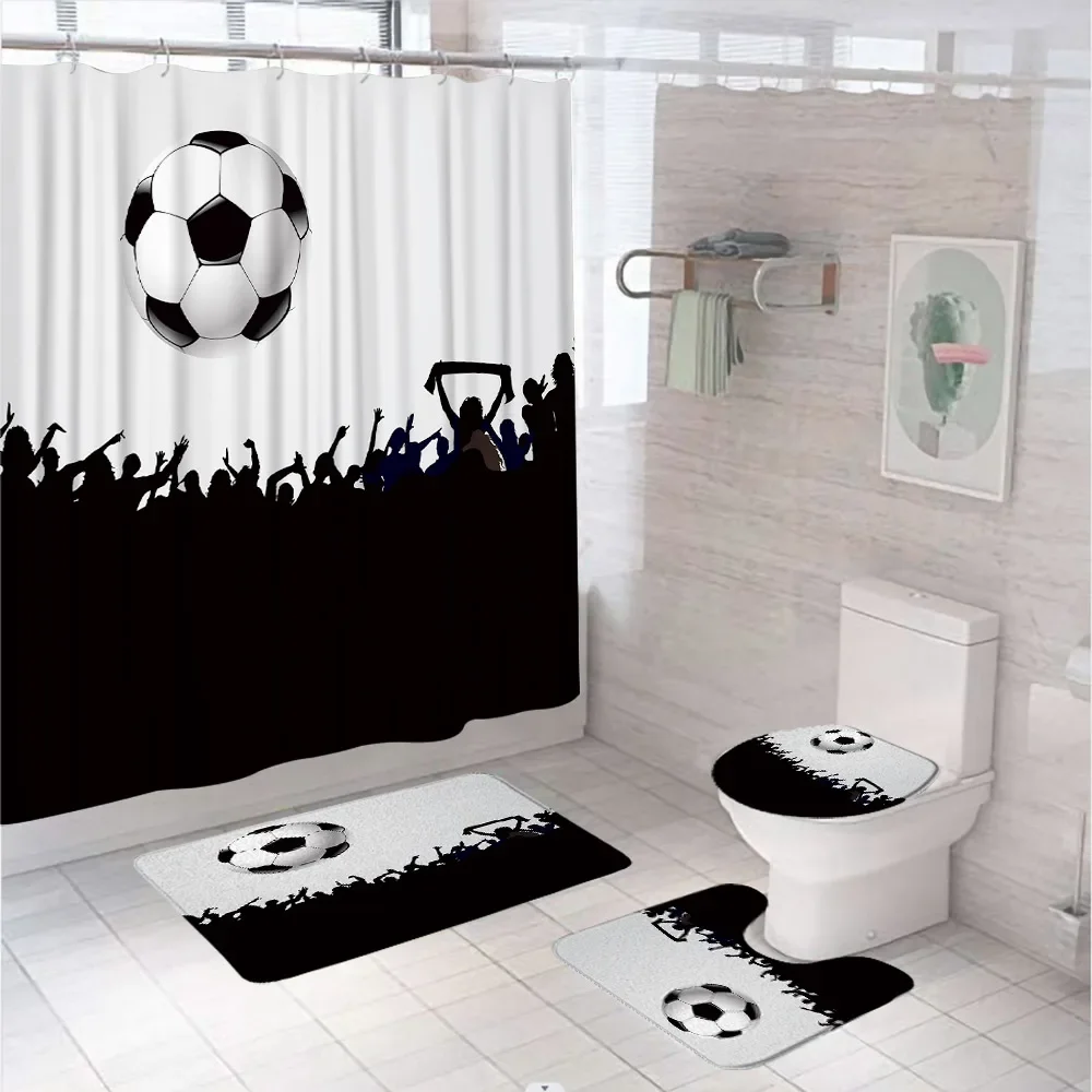 Sports Football Black White Geometric Modern Waterproof Bathroom Shower Curtain Set Anti-Slip Soft Rug Toilet Lid Cover Bath Mat