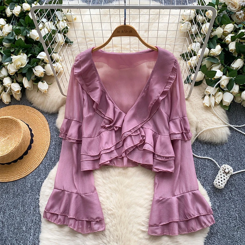 

French Ruffled Long Sleeved V-neck Blouse for Women Spring Autumn New Sexy Sweet Short Flared Sleeve Chiffon Top S10