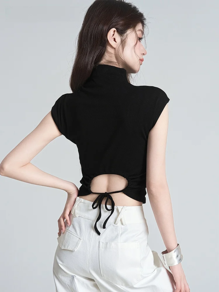 تي شيرت La Chapelle بقصة ضيقة للنساء بتصميم Ba حزام خصر حلو وحار وياقة عالية Svel