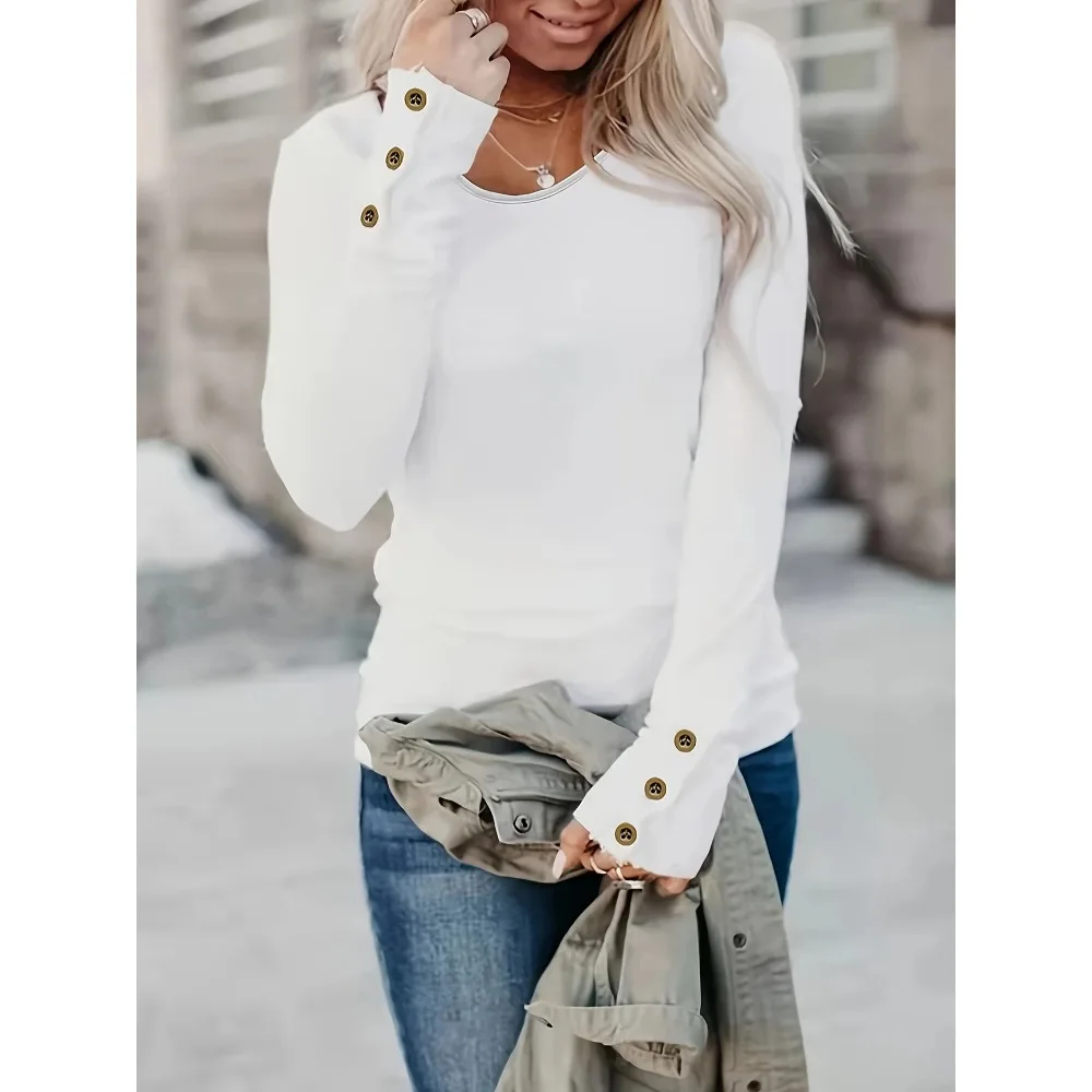 Camiseta informal de talla grande para mujer, cuello redondo, manga larga, decoración con botones, perfecta para todas las estaciones