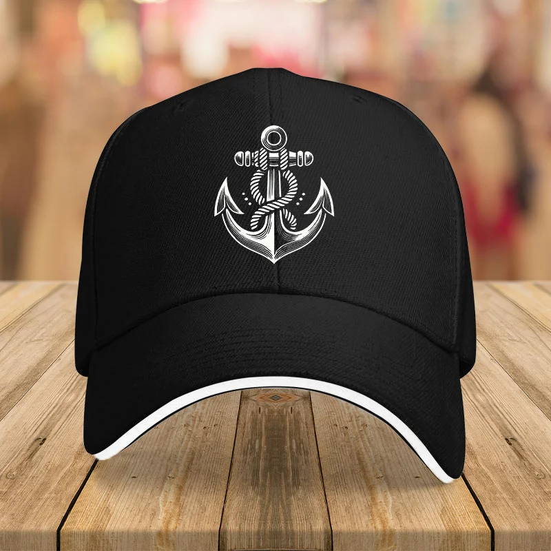 Adjustable Nautical Anchor Print Baseball Cap - Black, Lightweight Polyester, Breathable & Durable, Vintage Style for Men & Wome