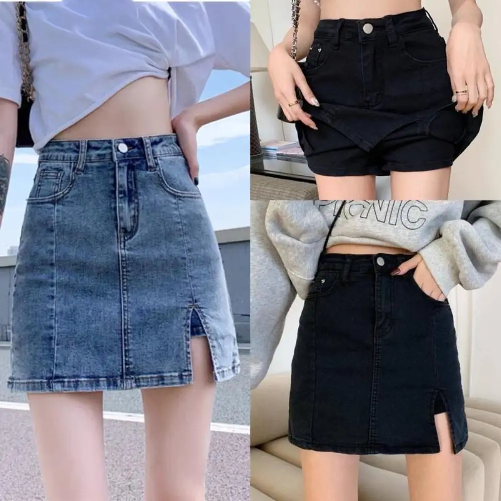 

Slim Denim Skirt Vintage Summer Elastic Jean Skirts Anti-glare High Waisted Hakama Women Girl