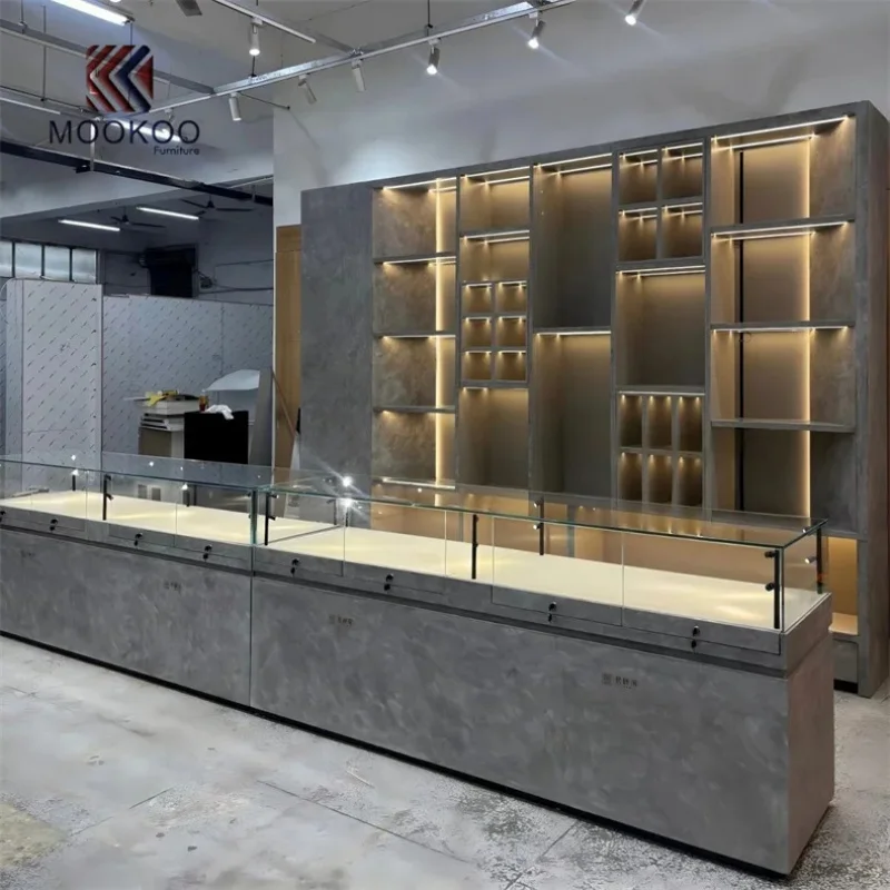 custom.High-End Micro Cement Jewelry Display Cabinet Set Wall Mounted Display Shelf with Led Lighting Luxury Store
