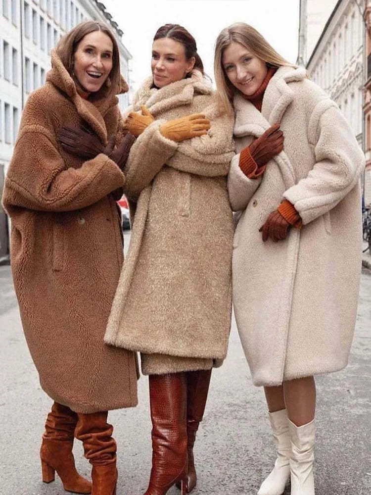 White Lamb Wool Coat Women Winter Thick Warm Fleece Teddy Coat Female Oversized Casual Loose Long Sleeve Lapel Long Outerwear