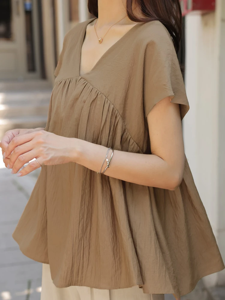Korean Style plus Size Women's Fashionable Commute OL Pure Color V-Neck Loose Personality Casual Short Sleeve Shirt Top