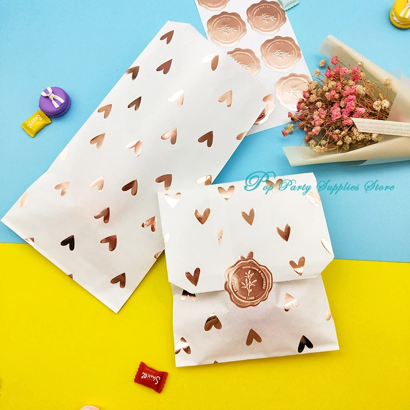 25pcs/bag Paper Bag Rose Gold Candy Gift Foil Heart Sticker Wedding Bridal Baby Shower Wedding Birthday Anniversary Favor Bag