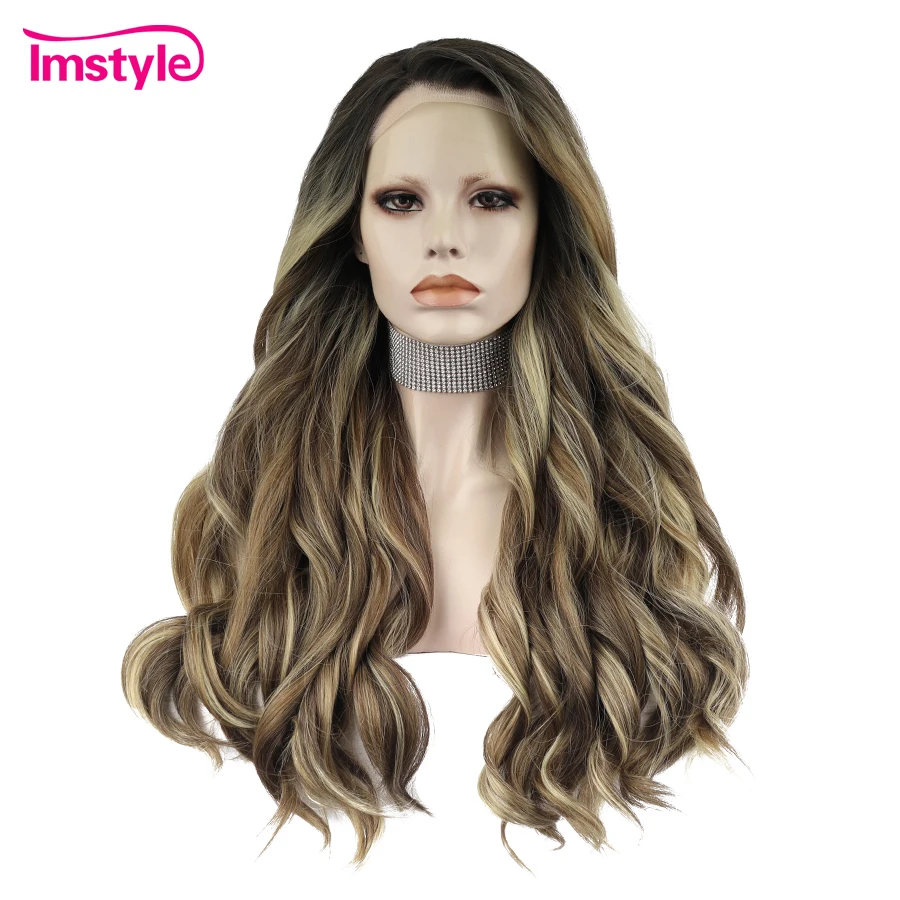 

Imstyle Синтетический парик фронта шнурка Коричневый парик Смешанный цвет Темный корень Натуральные волнистые длинные парики для женщин Термостойкое волокно Ежедневный парик