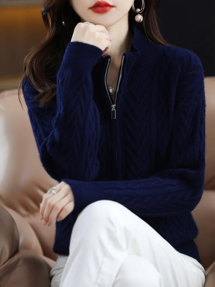 2024 High Quality Women Cardigan Spring Autumn  Warm Long Sleeve 100% Merino Wool Fashion Zipper Knit Sweater Women Coat