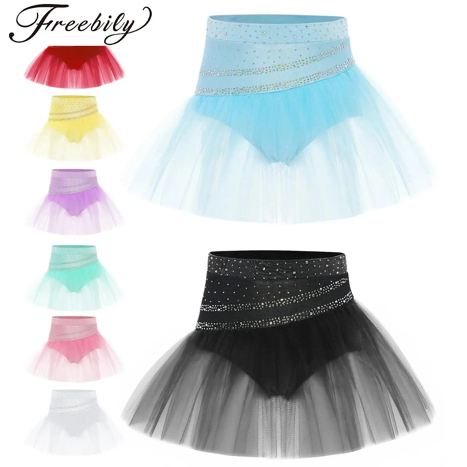 

Girls Ballet Skirt Toddler Kids Ballerina Tulle Skirt Elastic Waistband Shiny Rhinestones Gymnastics Skirts Performance Costume