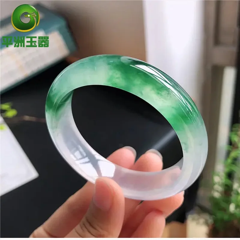 Pingzhou Jadeite Bracelet, Natural Glass Type, Old Mine, with Flower Patterns Green Inclusions, Translucent and Water Clear,