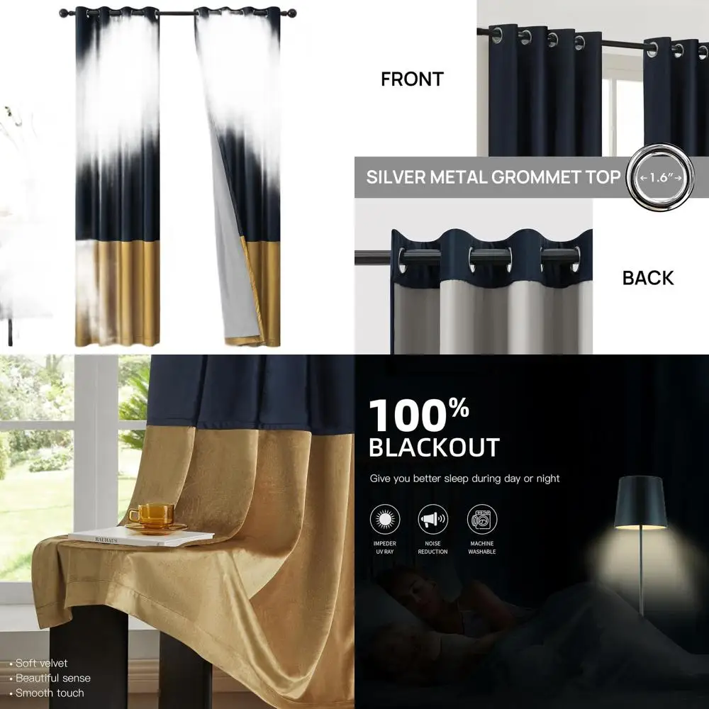 

Modern Navy Blue Velvet Curtains with Gold Trim, 96 Length, Full Blackout, Thermal-Lined, Grommet Top, Set of 2 for Home Decor