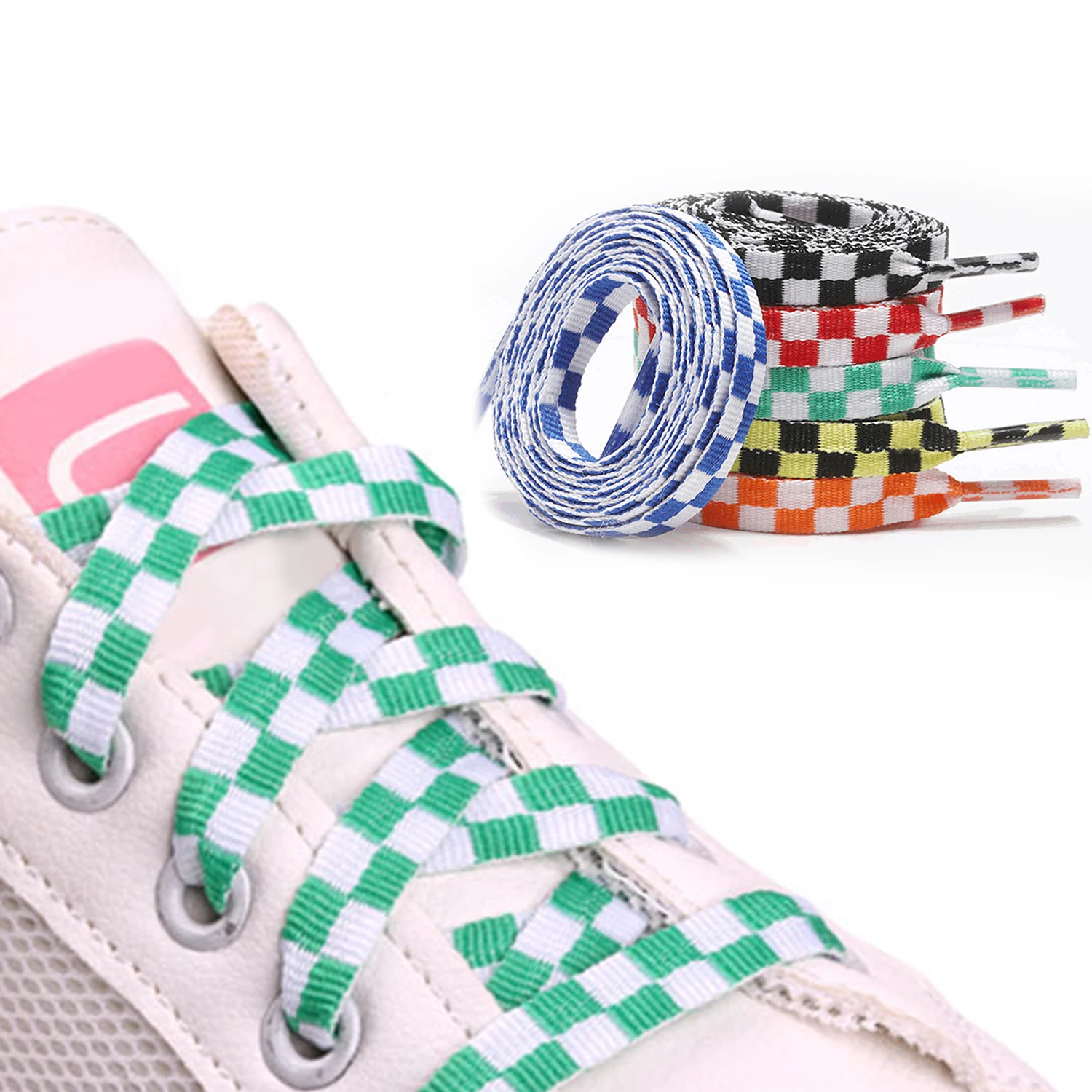 White Green Checkerboard Shoelaces Men Women Trend Personality Sneakers Sport Casual High Low Top Canvas Shoes Laces