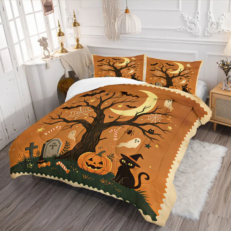 Halloween Print Comforter Set Pumpkin Ghost Black Cat Bat Tombstone Bedding Set Cozy Quilt Set Bedroom Home Decor Holiday Gift