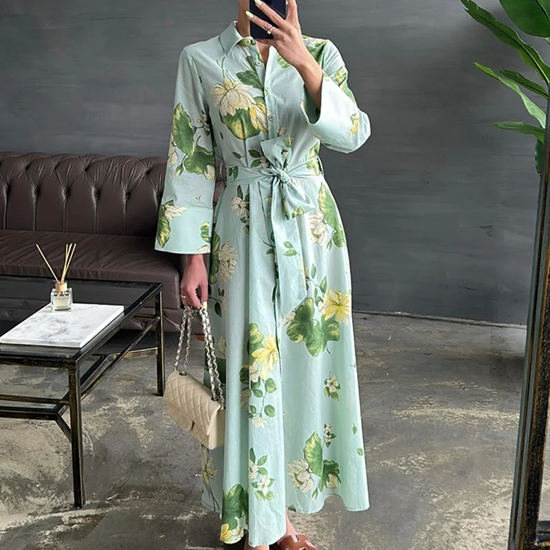 Abito bohémien autunnale a maniche lunghe allacciato Abito lungo casual con stampa floreale moda donna Abito camicia con bottoni colletto rovesciato primaverile