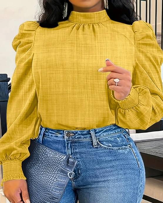 

Yellow Semi High Collar Textured Printed Bubble Sleeves Loose Top Casual Fashion Versatile Commuting Women Autumn Long Sleeved