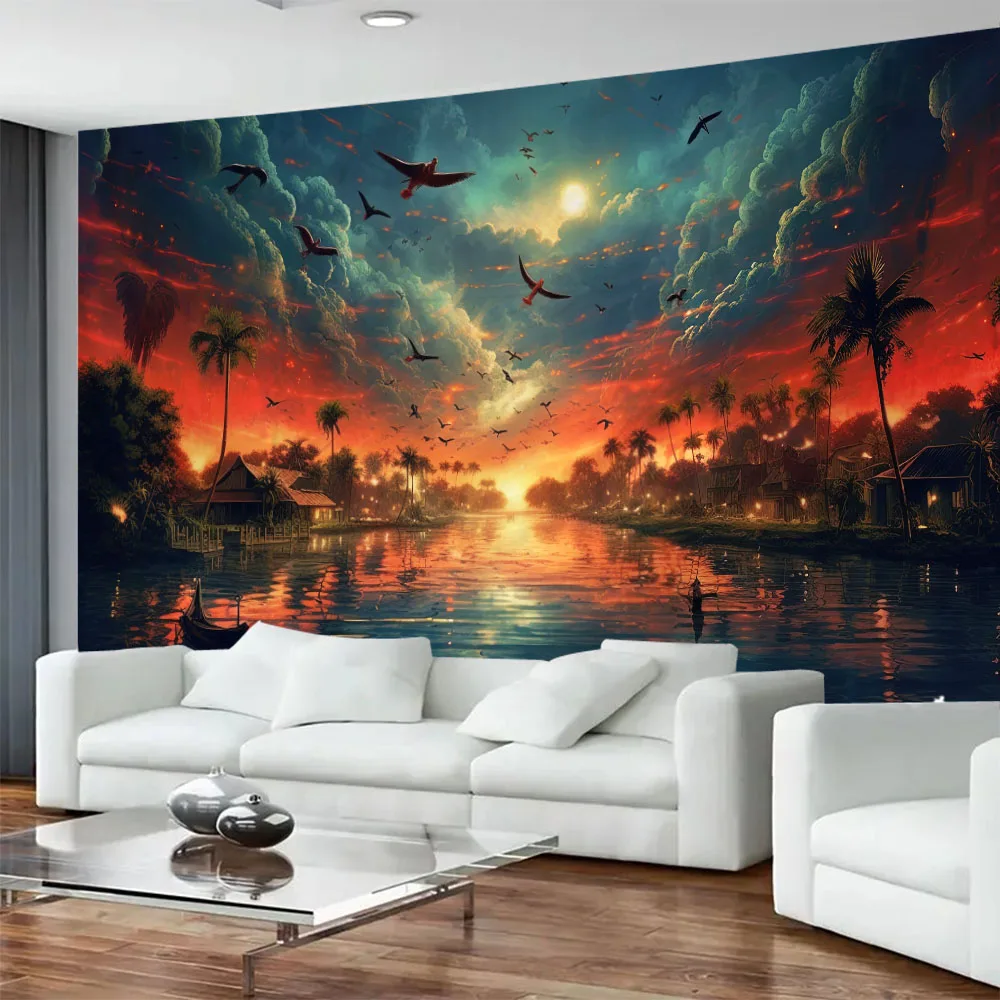 

Vintage Fantasy Sea Coconut Tree Tapestry Fairy Tale Landscape Printed Wall Hanging Bedroom Living Room Dormitory Decoration