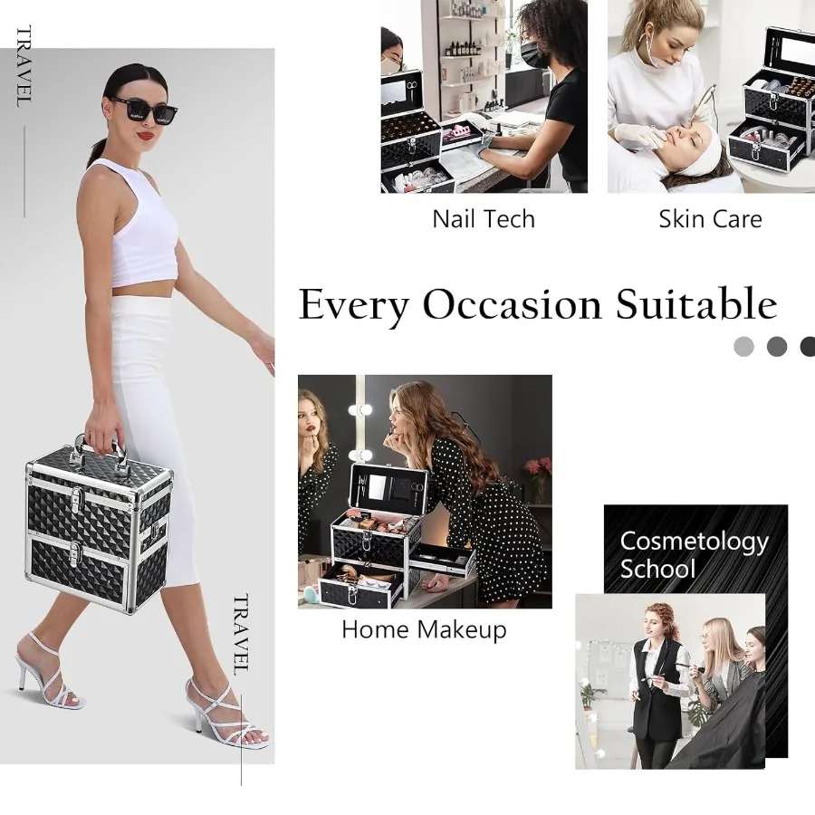 กระเป๋าใส่เครื่องสำอางสำหรับทำเล็บพร้อมลิ้นชักและตัวแบ่งช่องสำหรับจัดเก็บอุปกรณ์ทำเล็บ: กระเป๋าเครื่องสำอางขนาดกะทัดรัดพร้อมกระจกและกุญแจล็อค