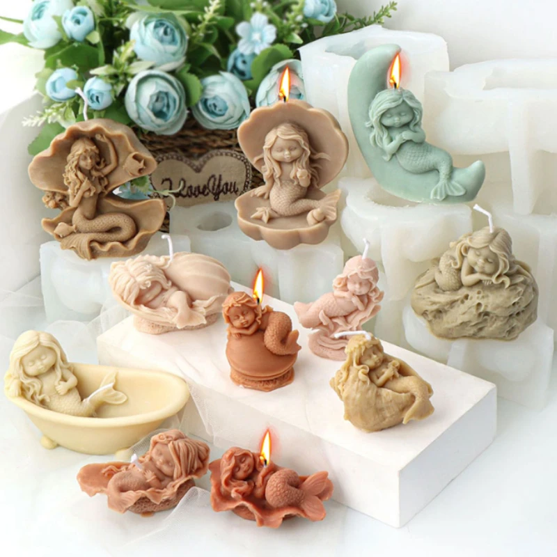 Oceanid Shell Mermaid Candle Silicone Mold Human Girl Sleep Soap Resin Plaster Mould Conch Coral Chocolate Making Decor Gifts