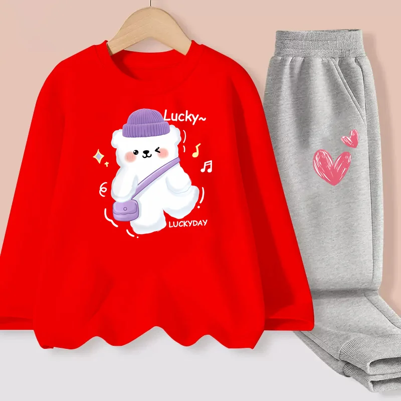 Süßes Mädchen Teddybär Kleidung Frühling und Herbst T-Shirt Hosen Cartoon Langarm Kostüme 2-teilige Sets