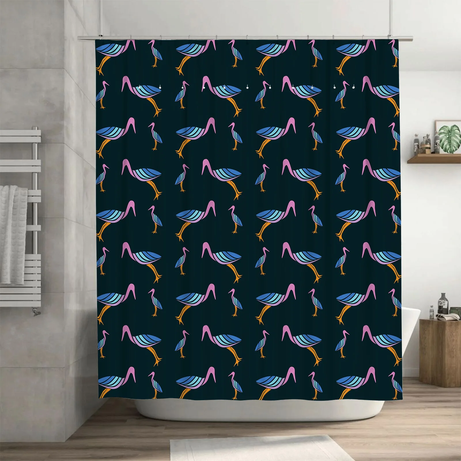 Modern Bathroom Shower Curtain with Birds Pattern Waterproof Fabric for Home Decor in Blue Pink Colors Size72 x 84 inches