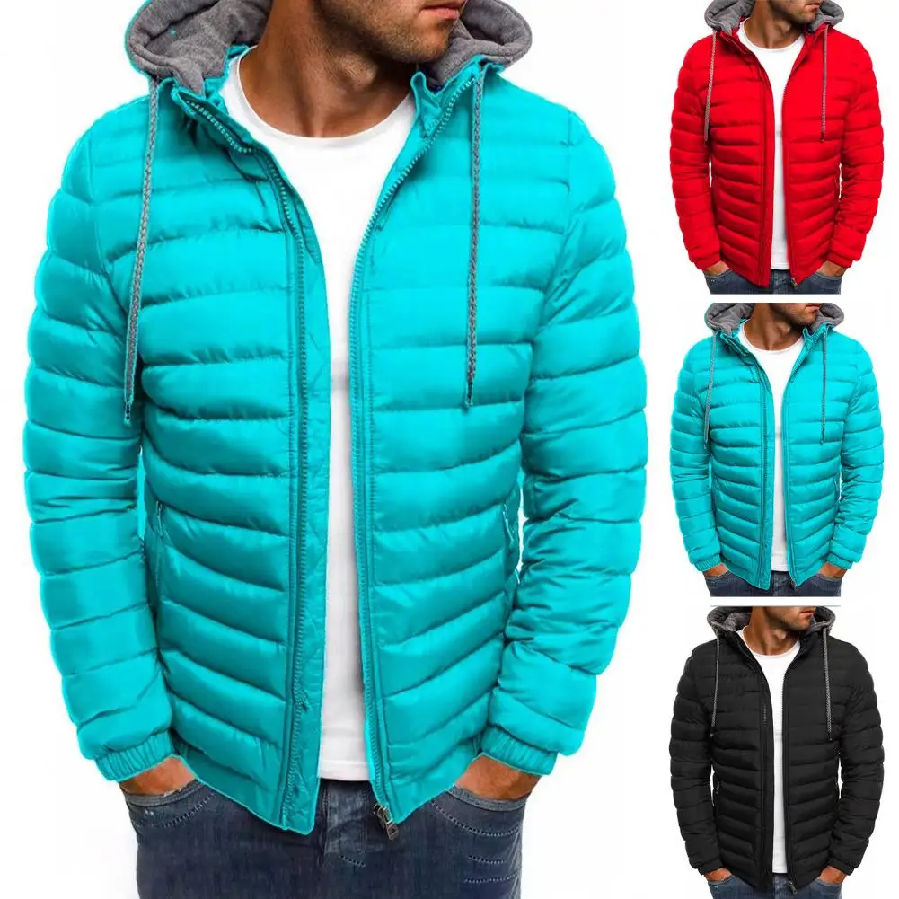 

Solid Color Warm Jacket Men's Hooded Cotton Winter Jacket with Zipper Closure Pockets Lightweight Outwear for Weather Men Cotton