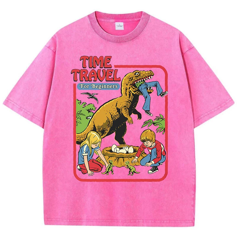 Stealing Dinosaur Baby Caught Washed Retro Men Tshirts Cotton Casual Short Sleeve Fashion Breathable Loose Oversized T-Shirt