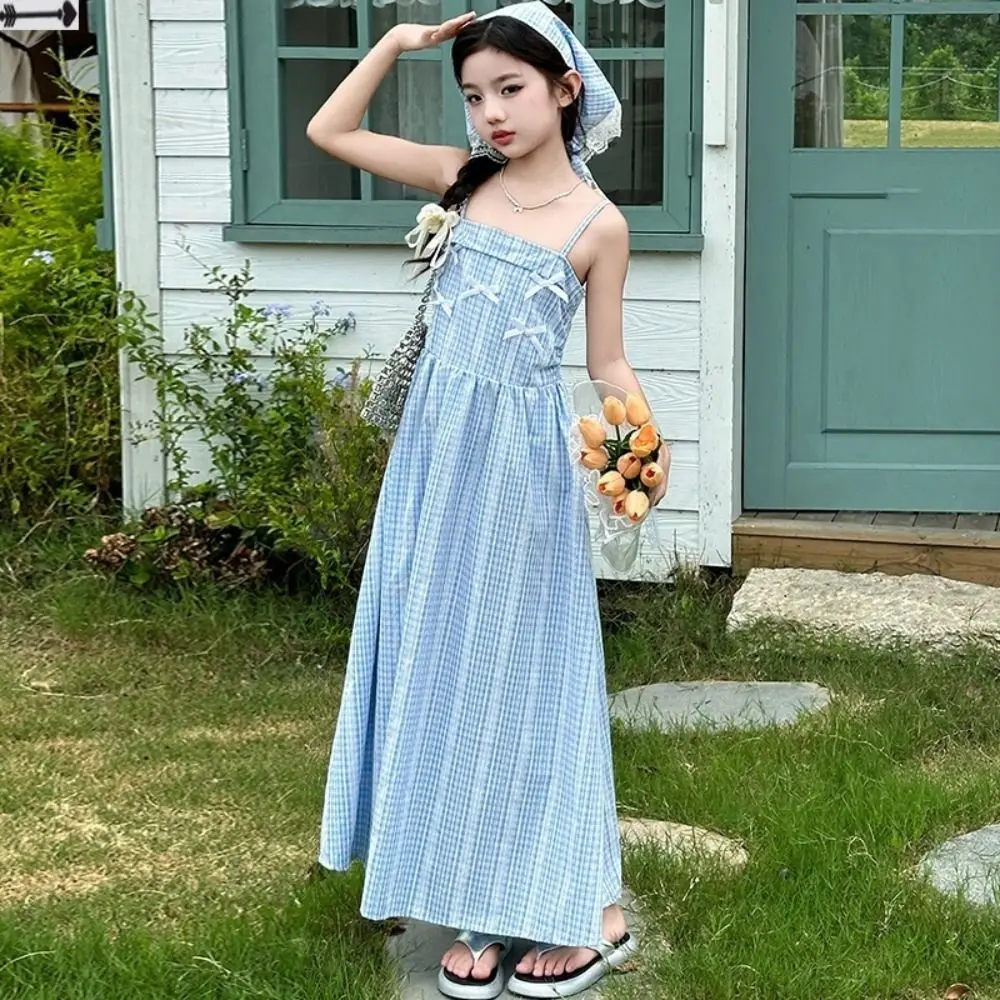 

Fashion Loose Girls Princess Grid Dress Teenagers Beach Vacation Summer Kids Dresses Sweet Party Children Sling Dress Summer