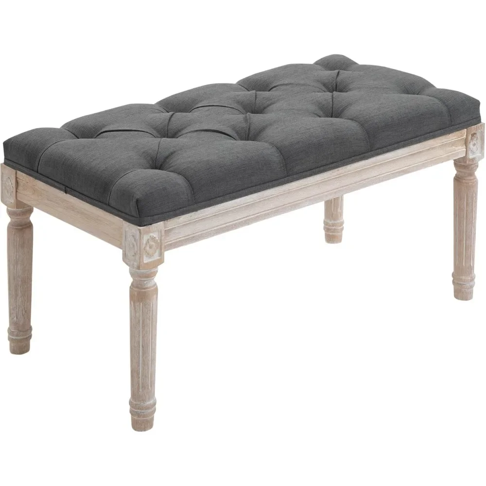 

32" Vintage Ottoman, Tufted Foot Stool with Upholstered Seat, Rustic Wood Legs for Bedroom, Living Room, Gray