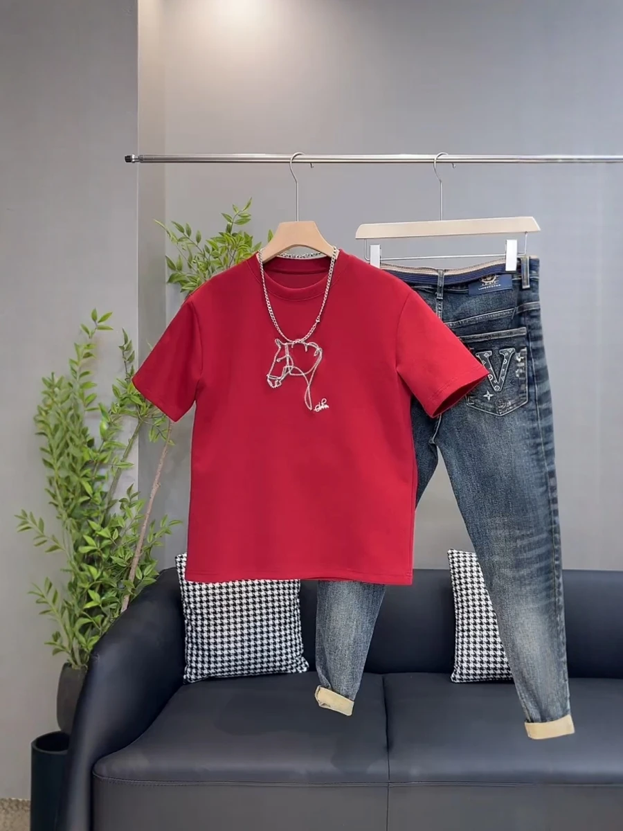 

Красная футболка с коротким рукавом для мужчин, модная, с узором в стиле китайского зодиака, к празднованию года, весна-лето, новинка