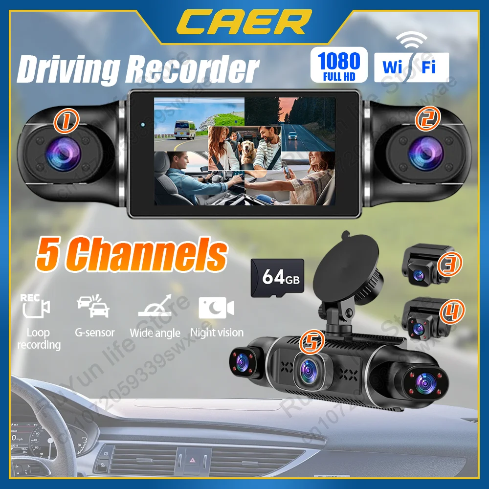 

5 Lens Car DVR FHD 1080P Dash Camera Built-in WIFI Vehicle Video Recorder G-Sensor Night Vision Black Box Inside Rear view Cam