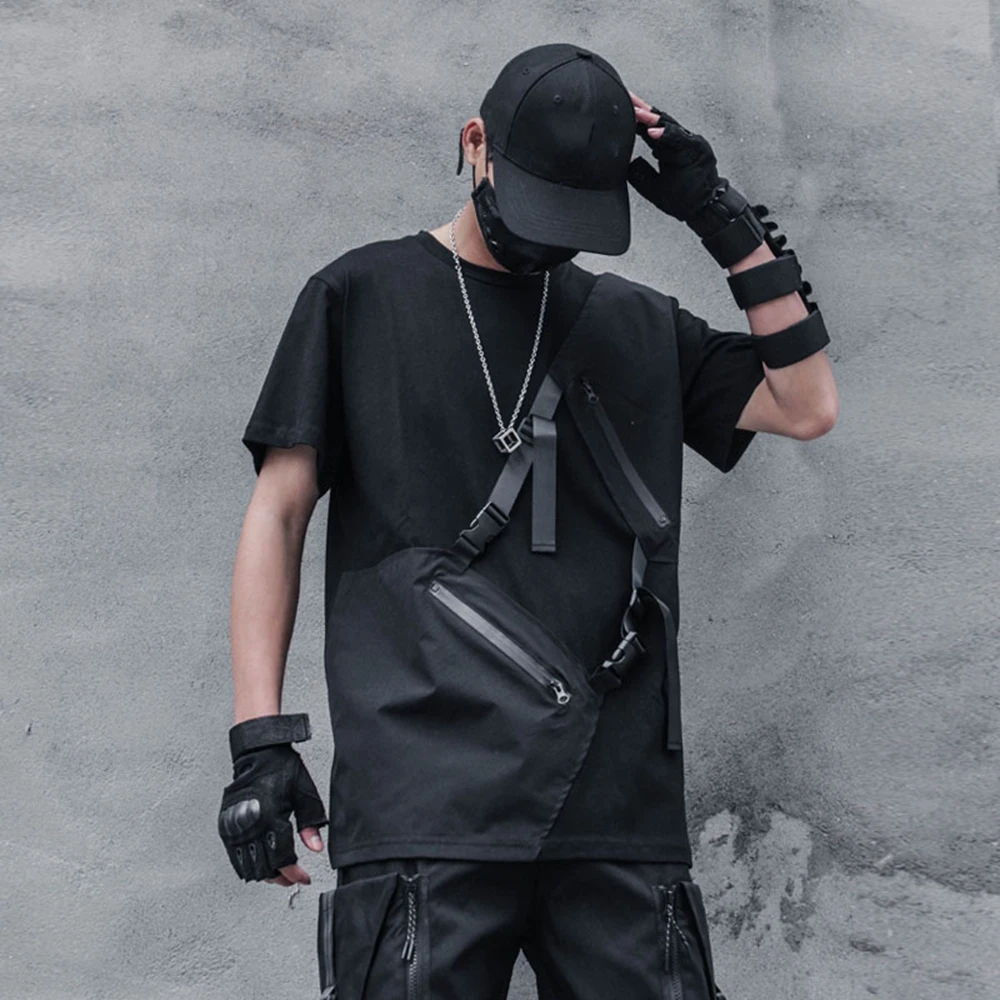 AOGZ Harajuku Buckle Zipper Short Sleeve Shirt Hip Hop Techwear T-shirt Men Clothing Tee Shirt Summer Loose Casual Tops Cotton