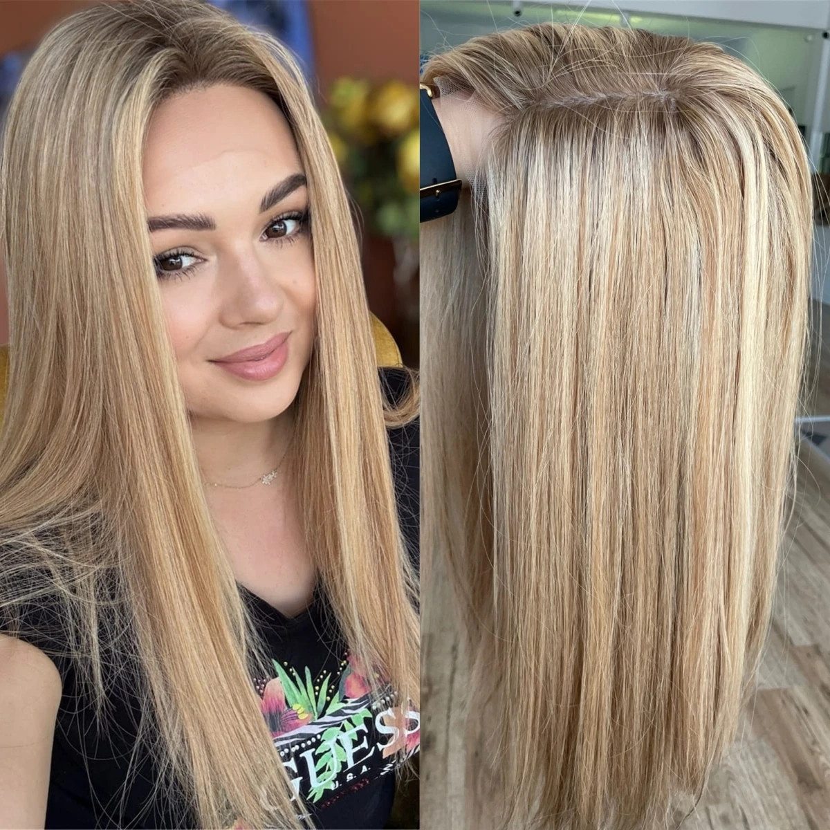 

Парик для вечеринок и повседневного использования, синтетический, с эффектом омбре, теплый блонд с коричневыми прядями, с кружевной передней частью, мягкий прямой парик для женщин